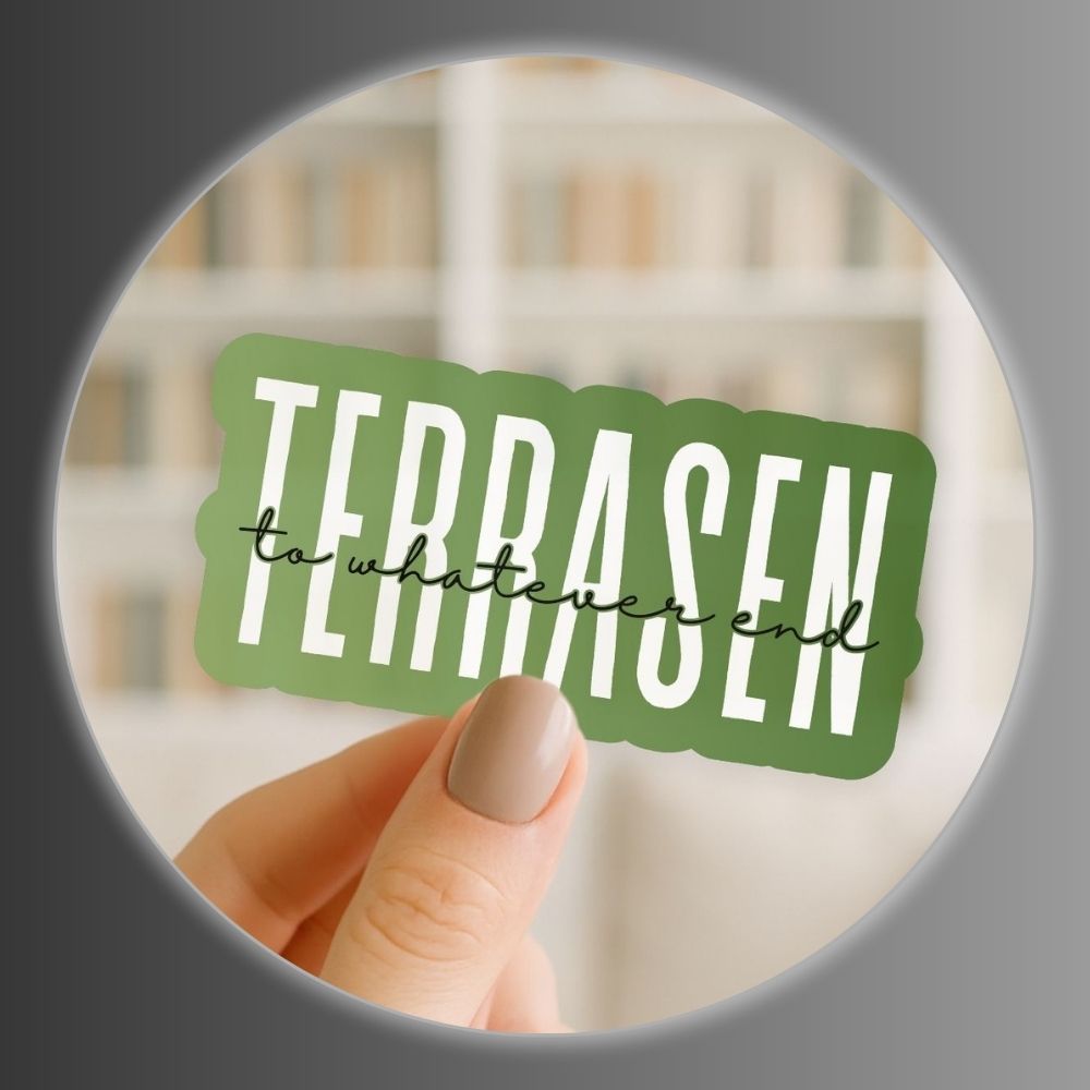 a hand holding a card with 'terrasen to whatever end' written on it