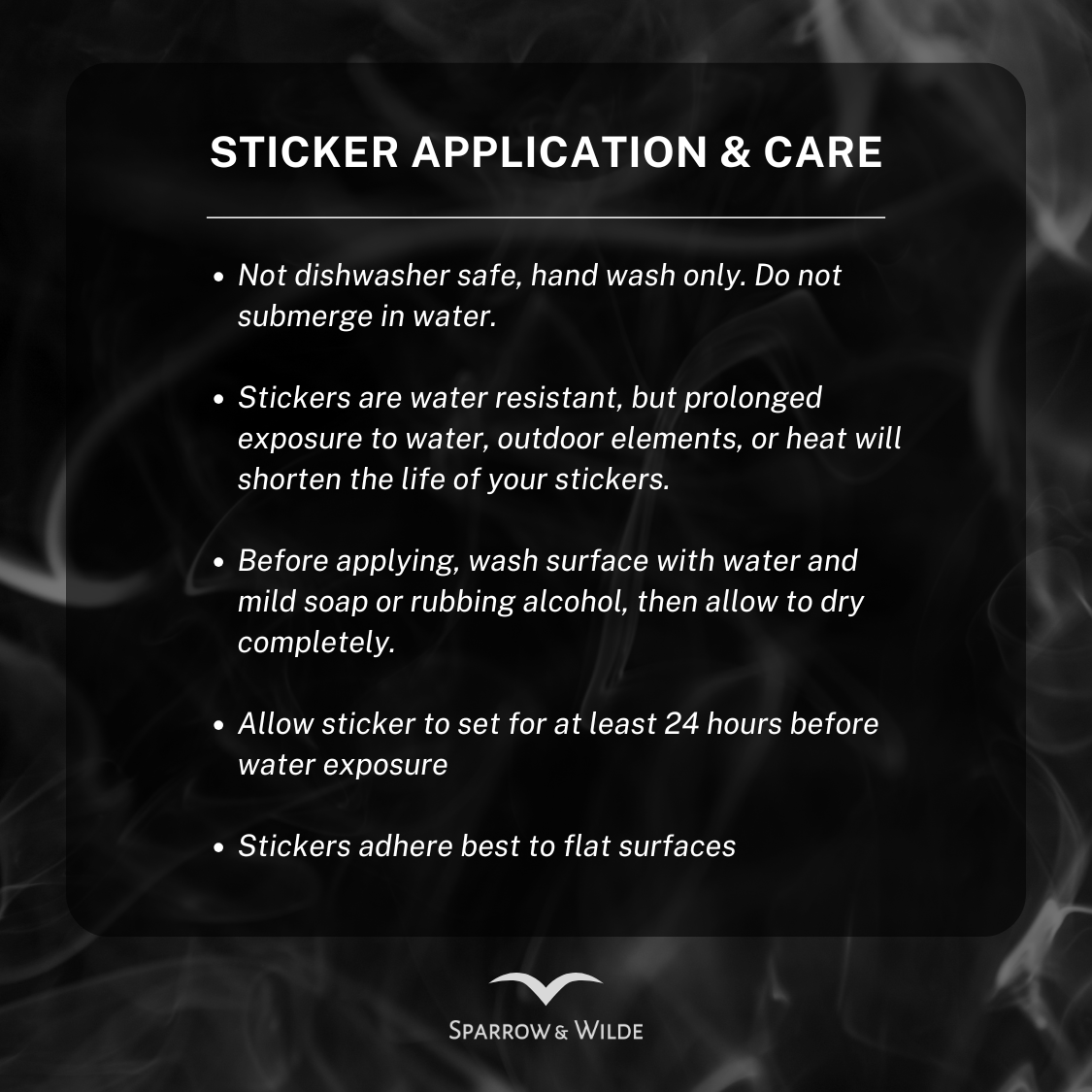 Sticker application and care instructions with a dark background