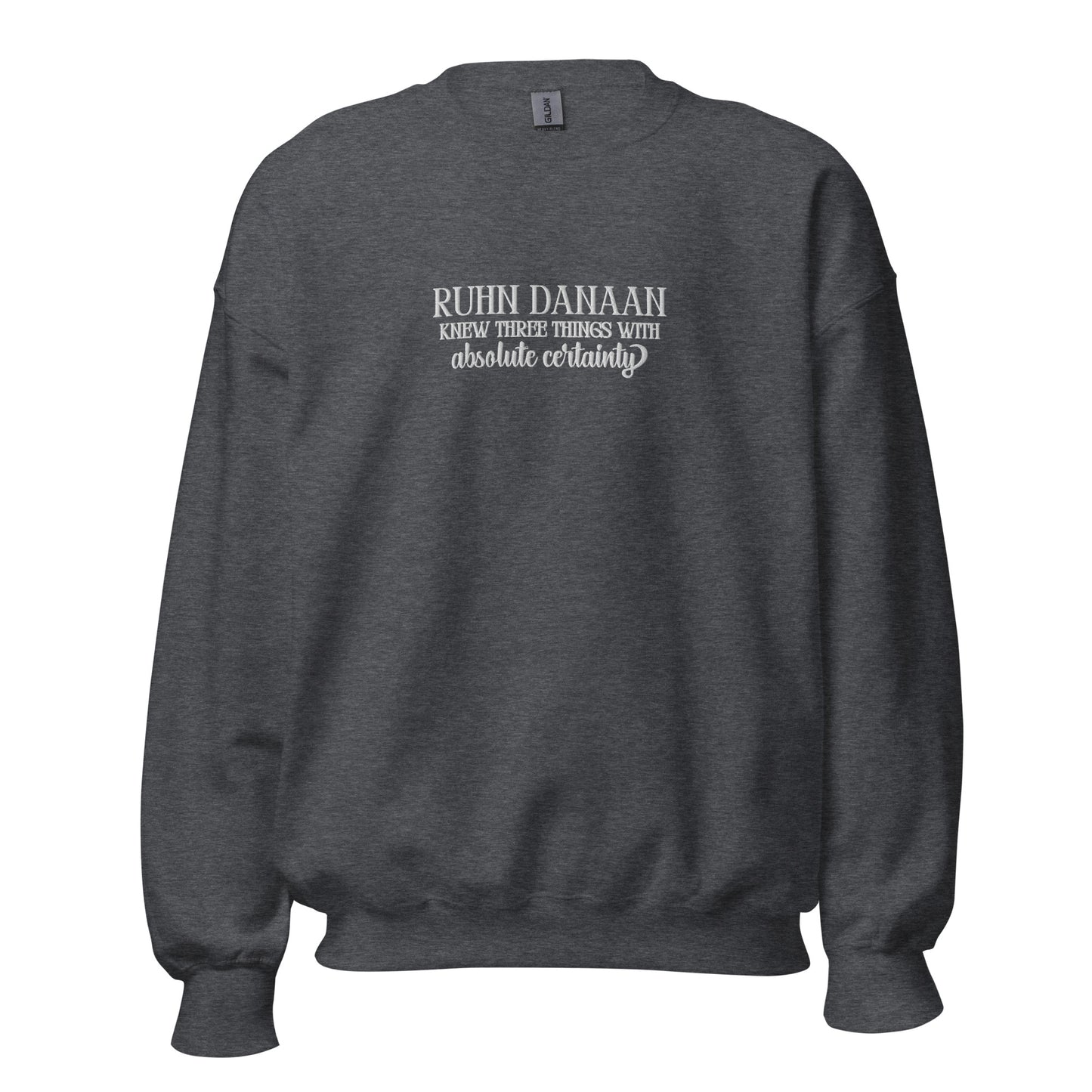 Dark gray sweatshirt with white text