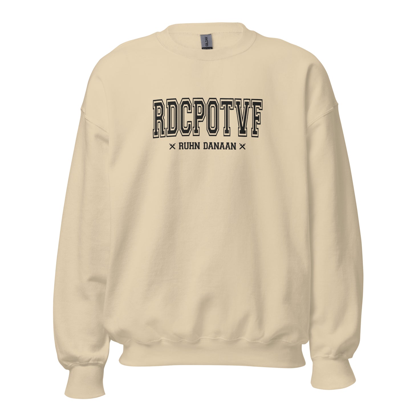 Beige sweatshirt with text on a white background