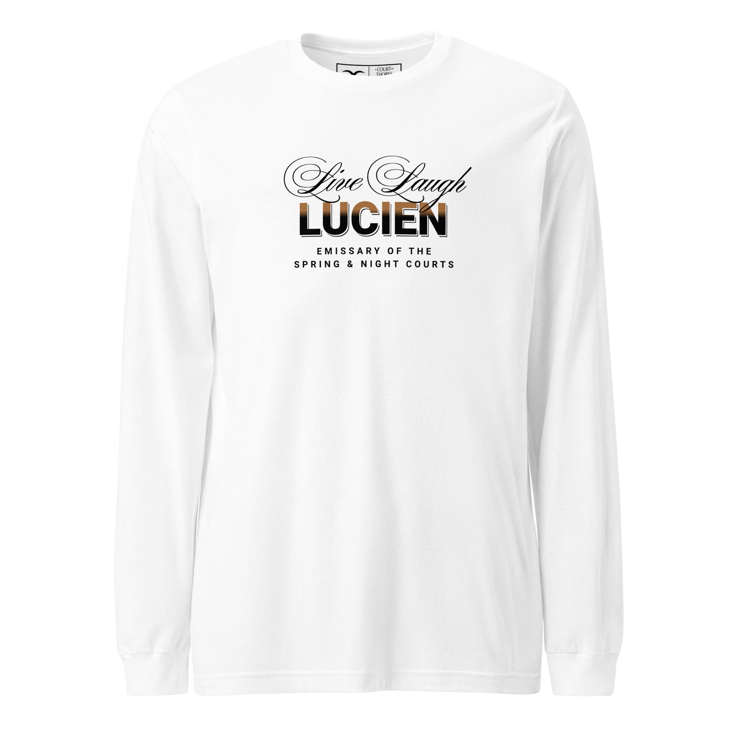 White long-sleeve shirt with 'Lucien' text design