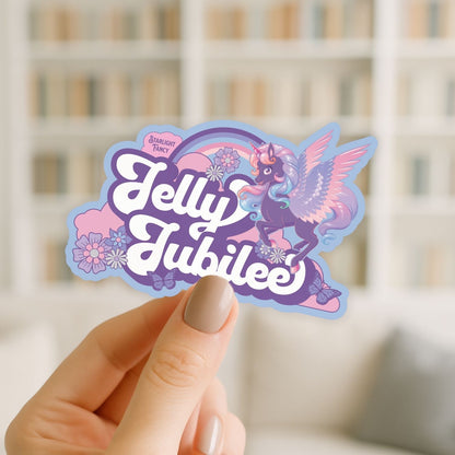 Sticker with 'Jelly Jubilee' design held by a hand against a blurred background