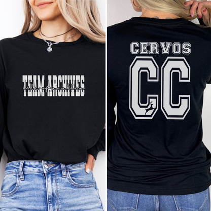 Black sweatshirt with 'Team Archives' on the front and 'CERVOS CC' on the back, worn by a person.