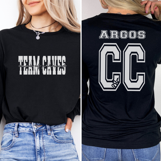 Black sweatshirt with 'Team Caves' text on front and 'ARGS CC' text on back, worn by a person.