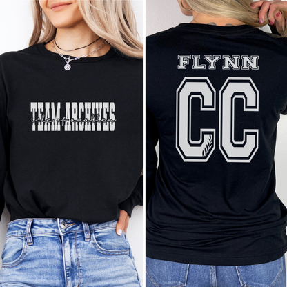 Black sweatshirt with 'Team Archives' on the front and 'FLYNN CC' on the back