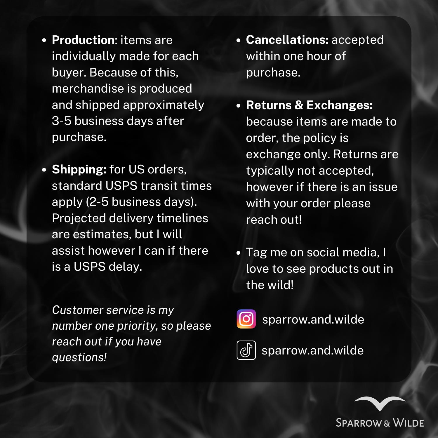 Text-based information about product production, shipping, cancellations, returns, exchanges, and customer service on a dark background with a blurred pattern.