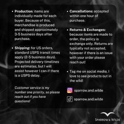 Text-based information about product production, shipping, cancellations, returns, exchanges, and customer service on a dark background with a blurred pattern.