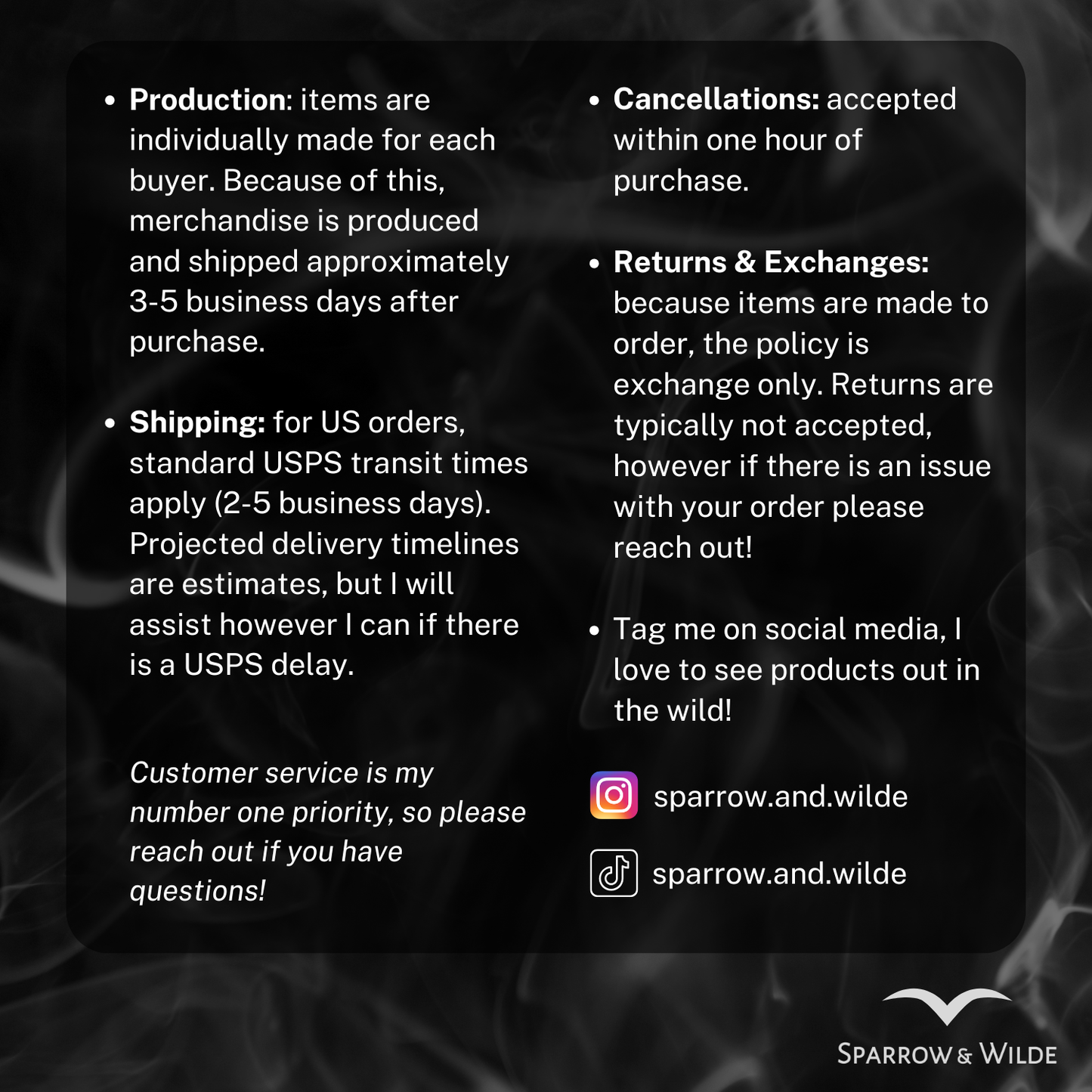 Text-based information about product production, shipping, cancellations, returns, exchanges, and customer service on a dark background with a blurred pattern.