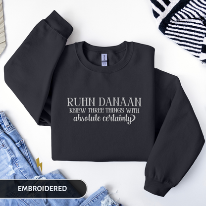 Black sweatshirt with text on a white background