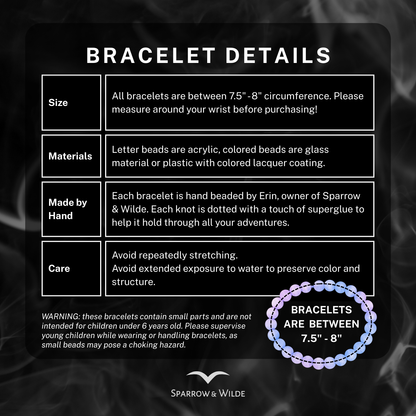 Bracelet details card with text on a dark background