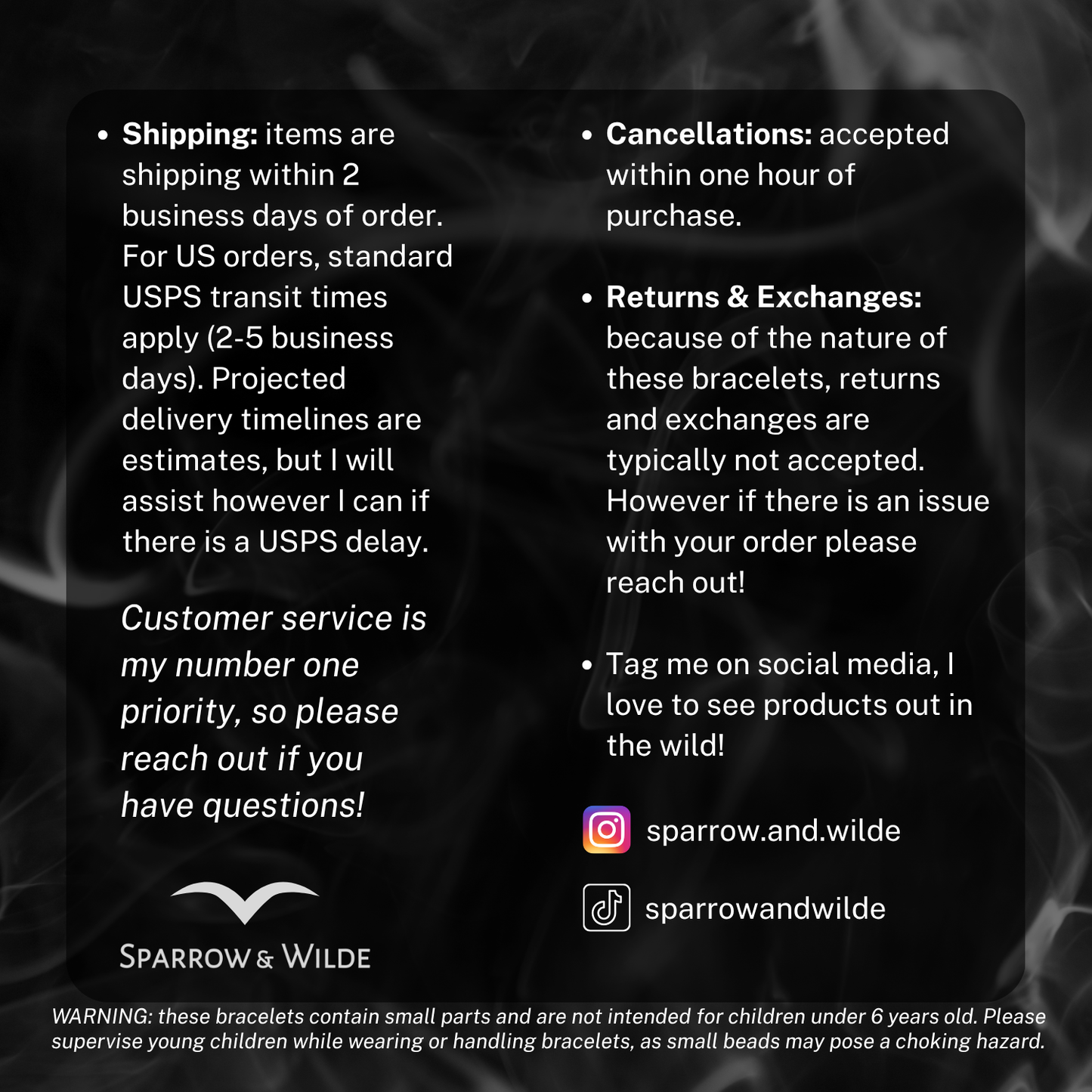 Text overlay with shipping, cancellation, return, and exchange policies on a dark background with smoke effects.