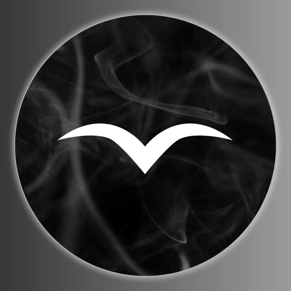 White silhouette on a dark, smoky background with a circular frame.