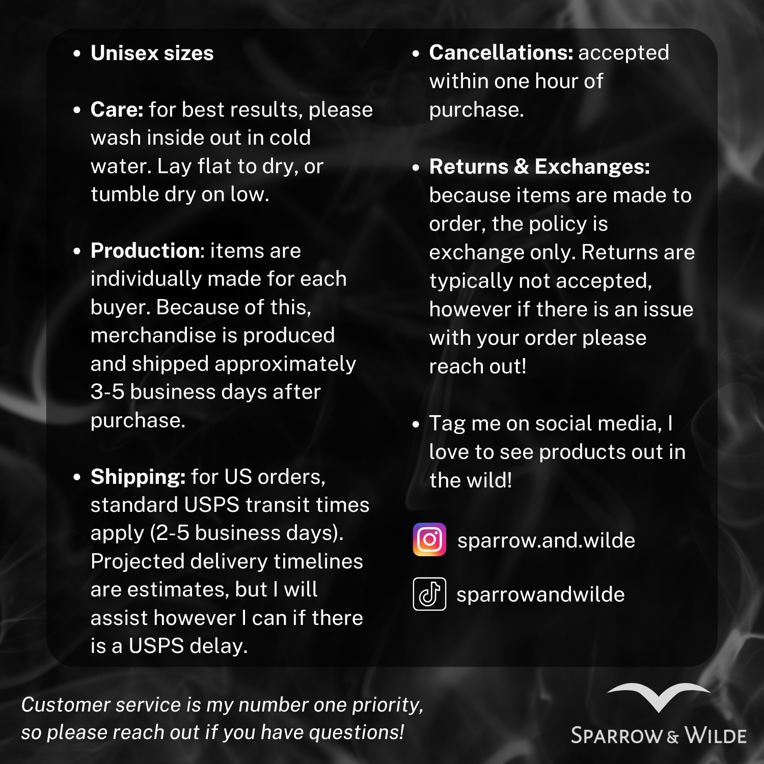 Text information card with product details and brand name on a dark background