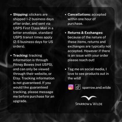 Text overlay with shipping, cancellation, and return policies on a dark background