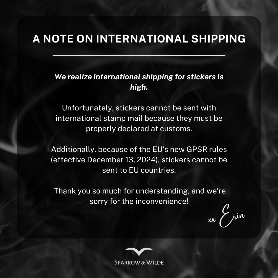 Note on international shipping for stickers with text and Sparrow & Wilde logo.