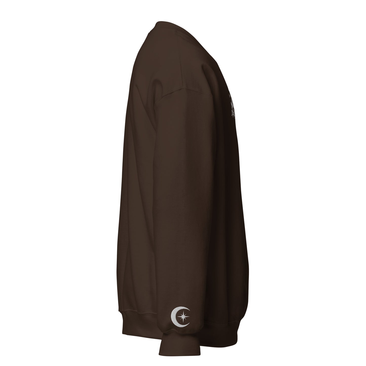 Brown sweatshirt with a logo on the sleeve