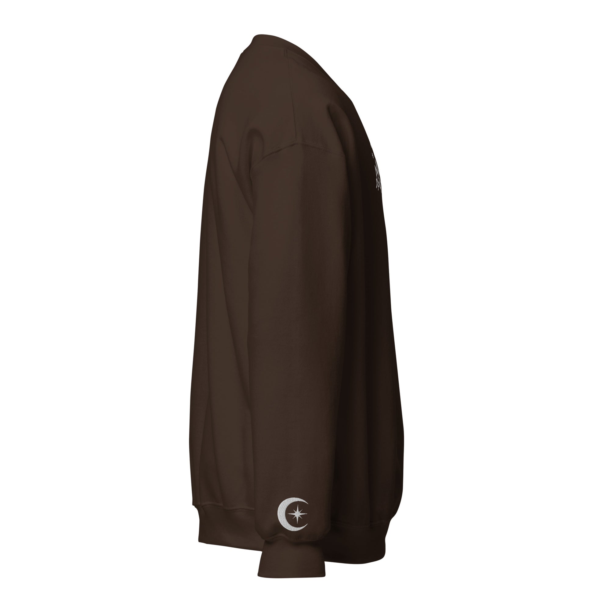 Brown sweatshirt with a logo on the sleeve