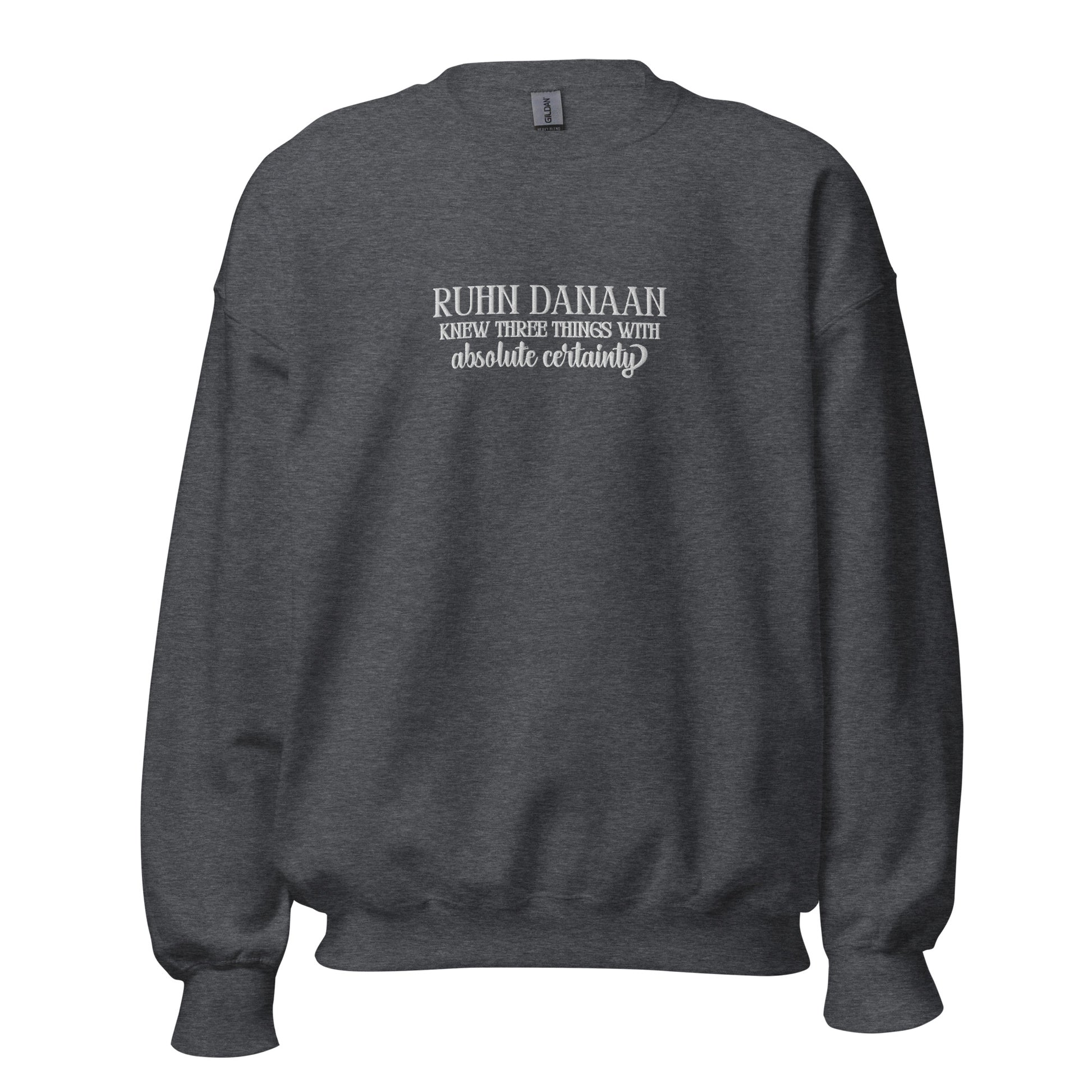 Dark gray sweatshirt with white text