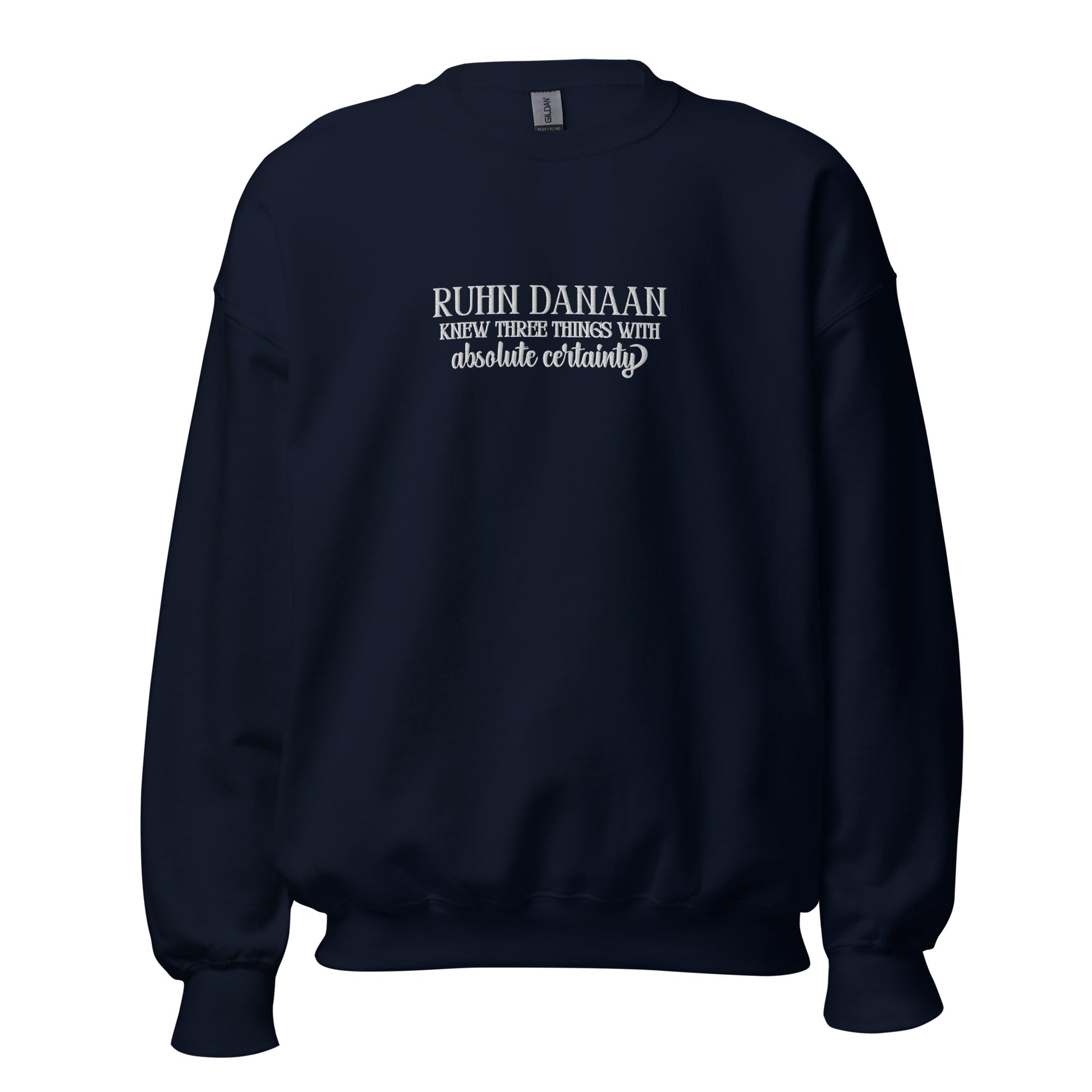 Navy blue sweatshirt with white text