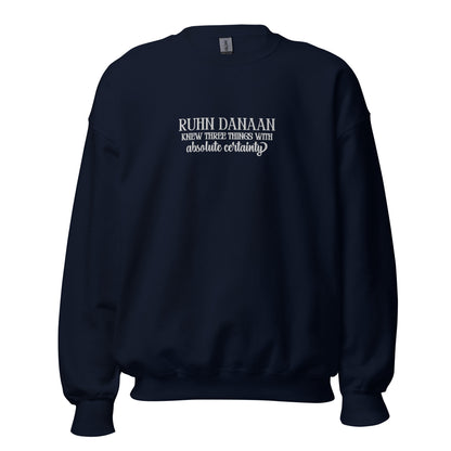 Navy blue sweatshirt with white text