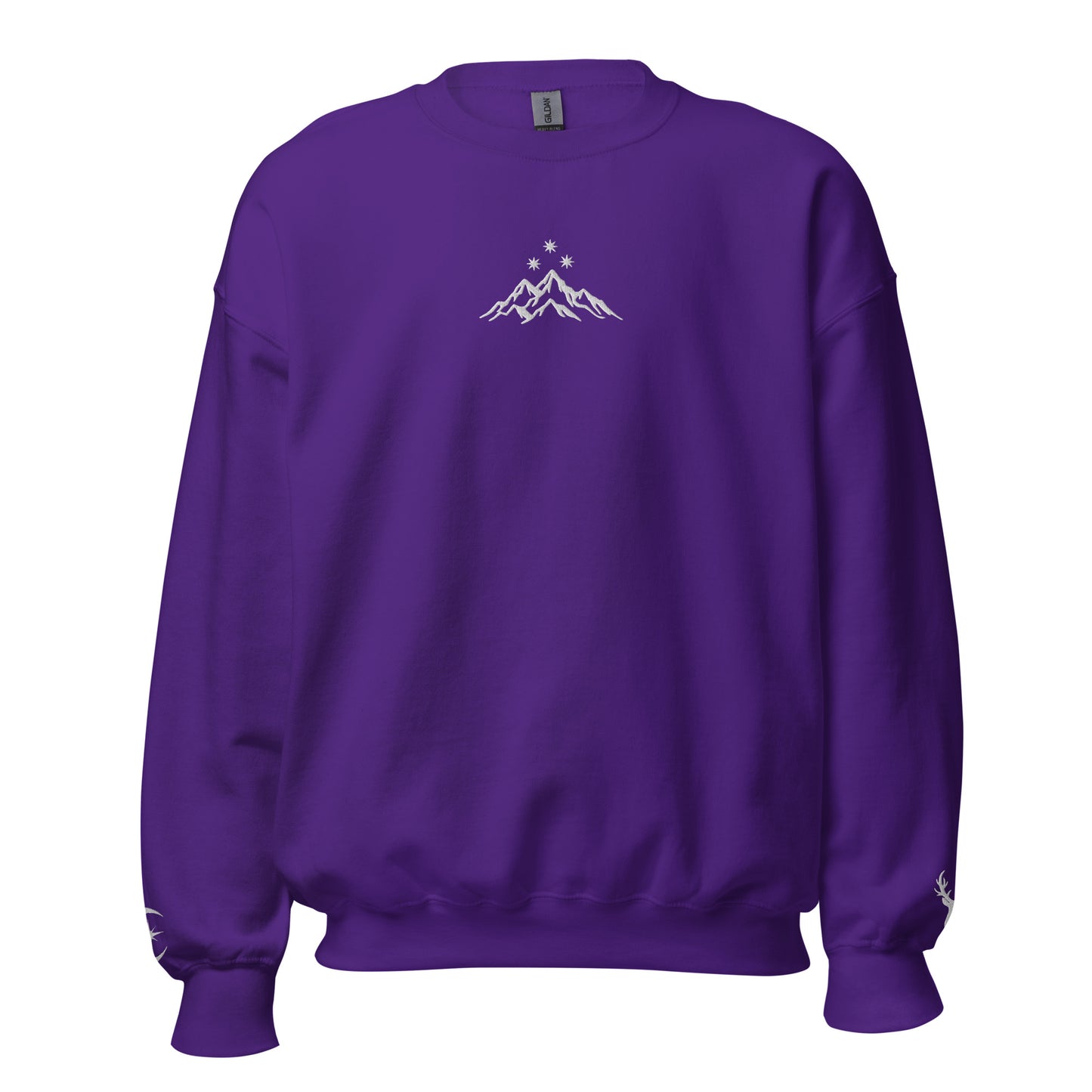 Purple sweatshirt with a mountain graphic on a white background