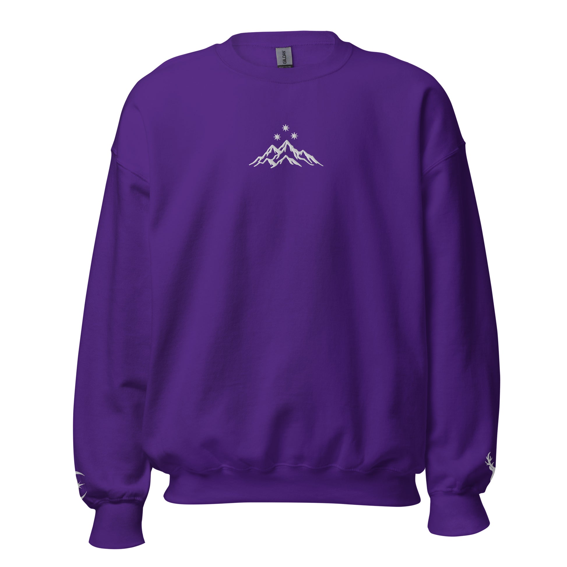 Purple sweatshirt with a mountain graphic on a white background