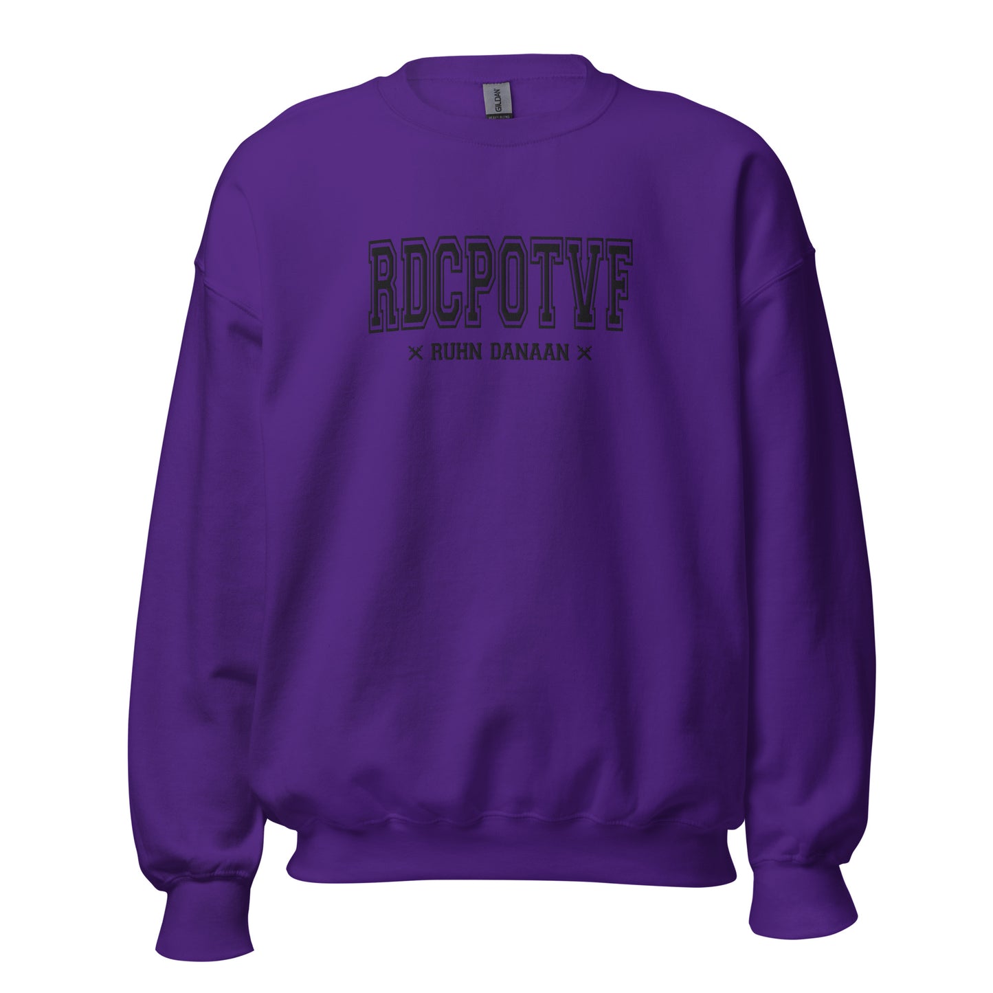 Purple sweatshirt with text on a white background