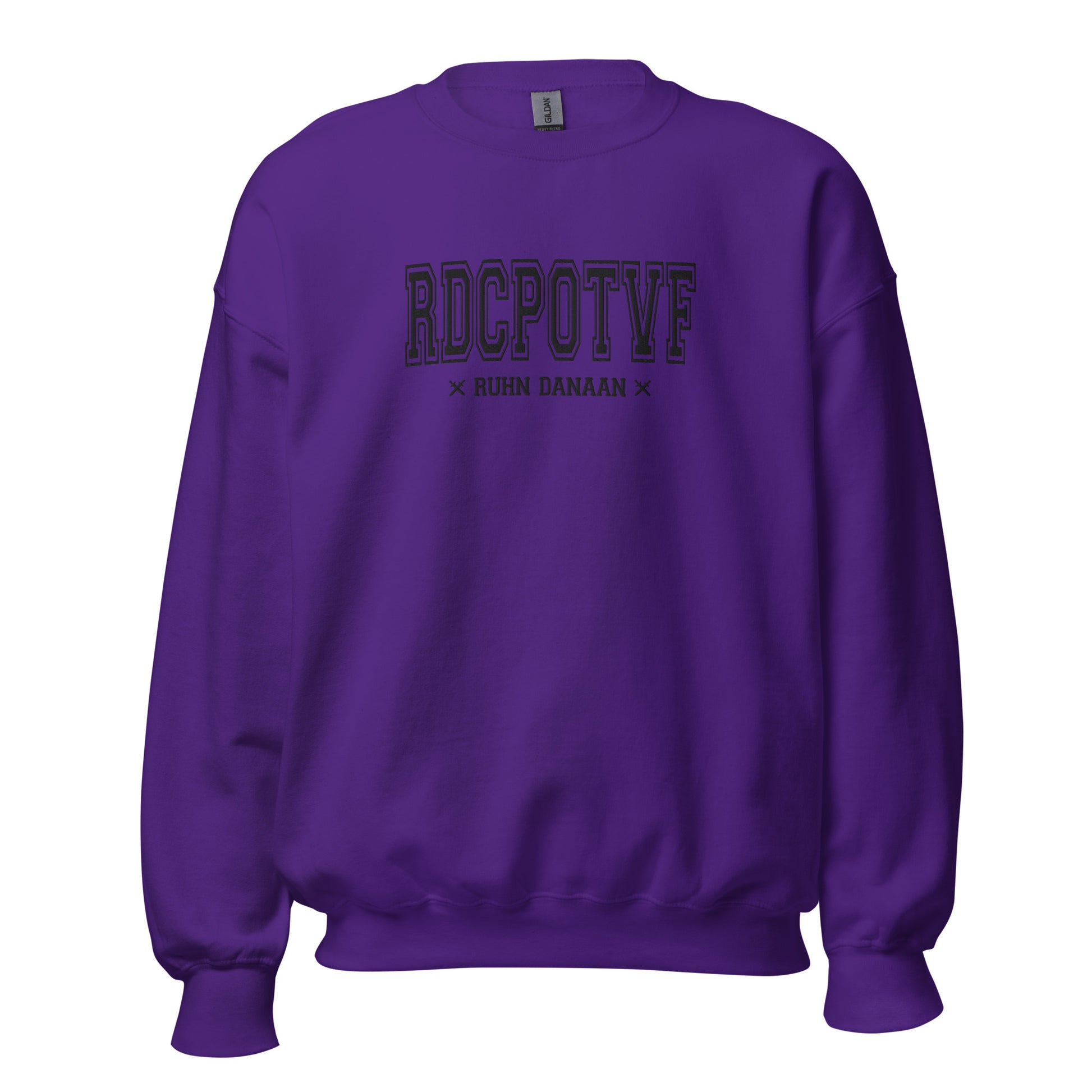 Purple sweatshirt with text on a white background
