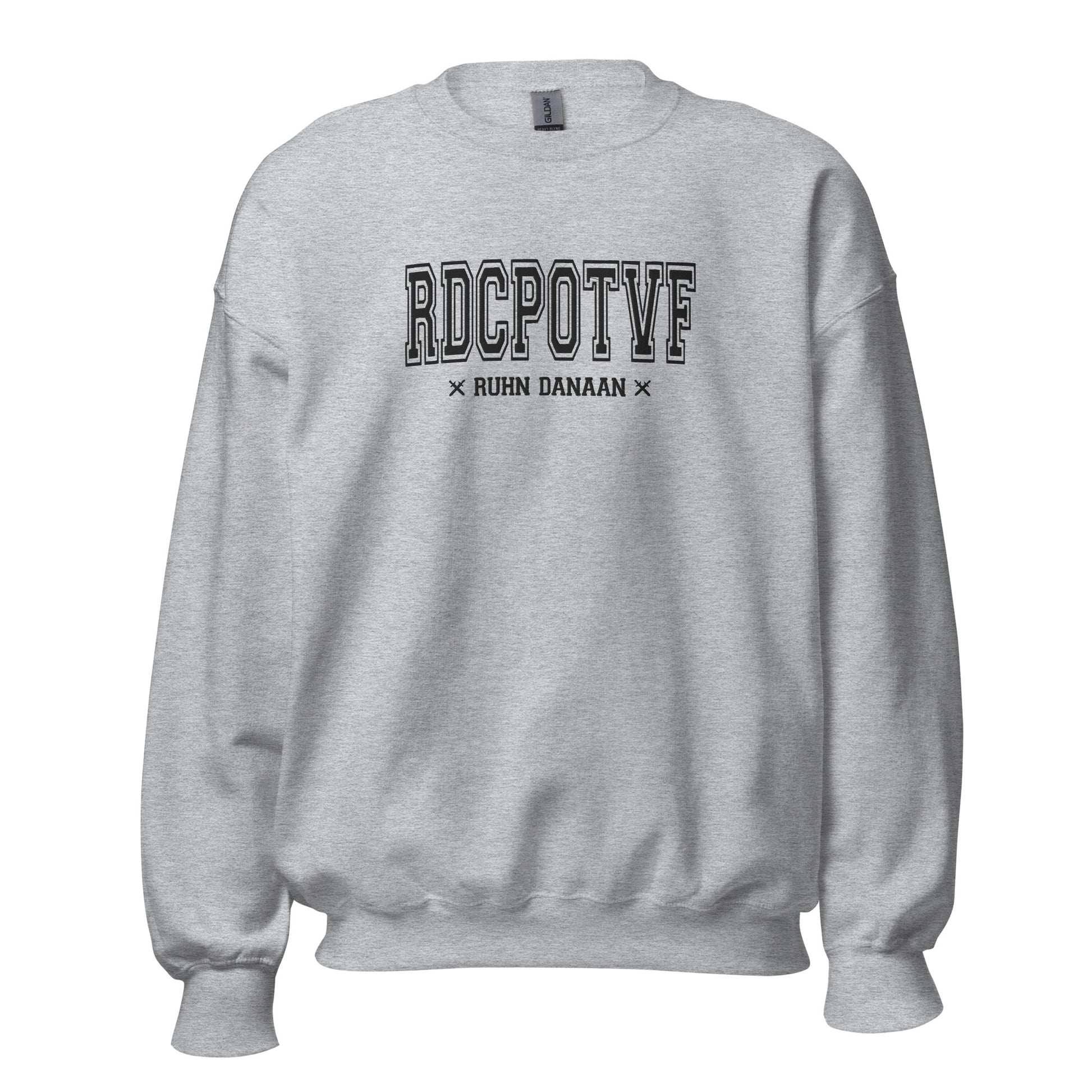 Gray sweatshirt with text on a white background