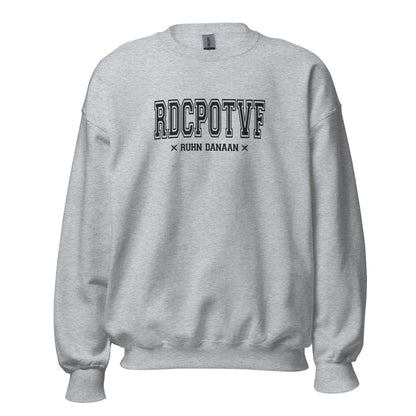 Gray sweatshirt with text on a white background