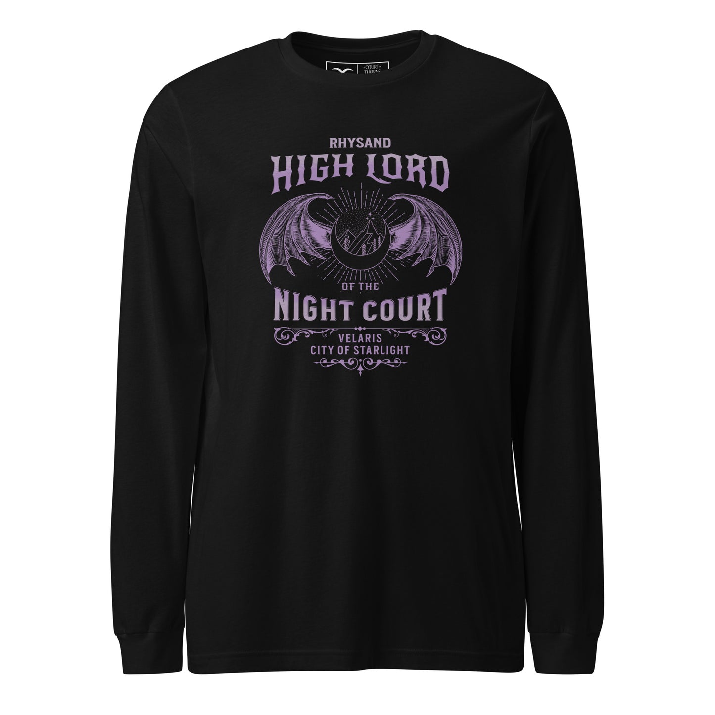 Black long-sleeve shirt with purple graphic and text