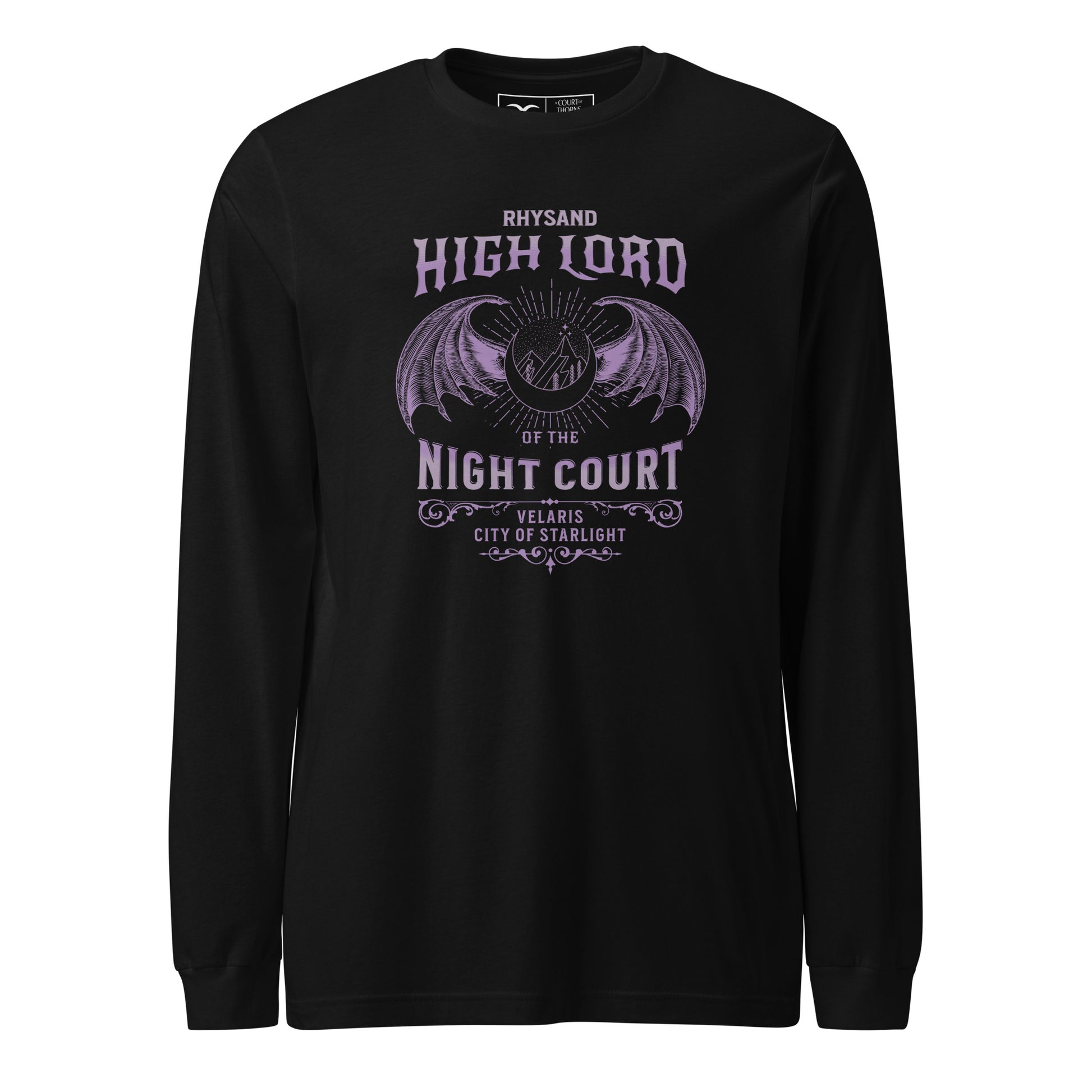 Black long-sleeve shirt with purple graphic and text